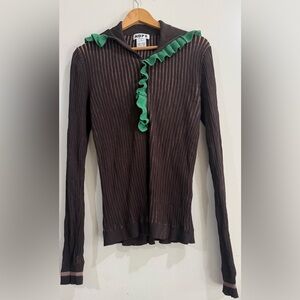 Hope Ribbed Brown Hoodie with Green Ruffle Trim